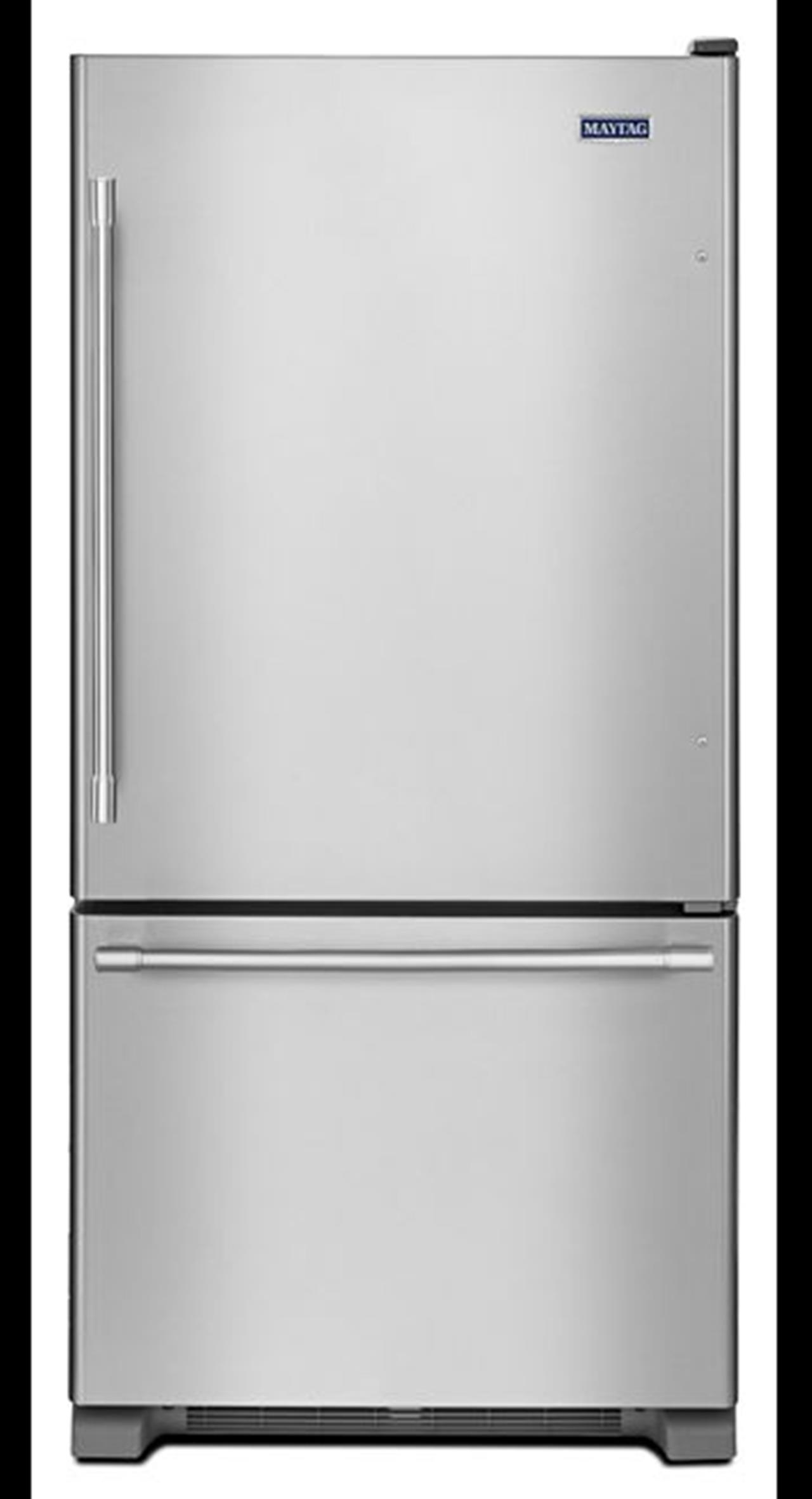 Maytag MBF1958FEZ bottom mount freezer with factory installed ice maker and glass shelves. This Bott(..)