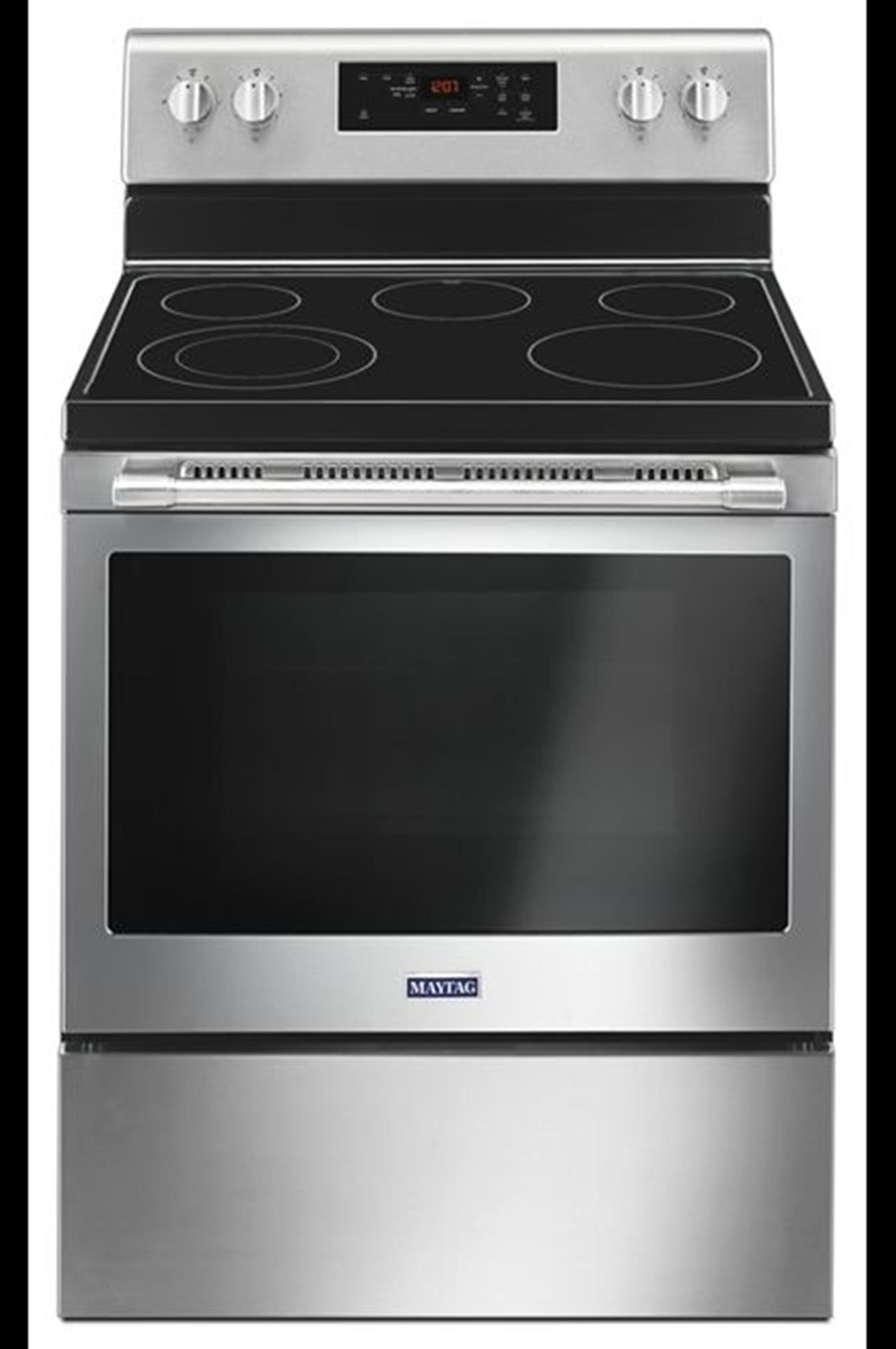 Maytag MER6600FZ electric glass top range with 5 burners. 5.3 cubic foot with 10 year warranty on gl(..)