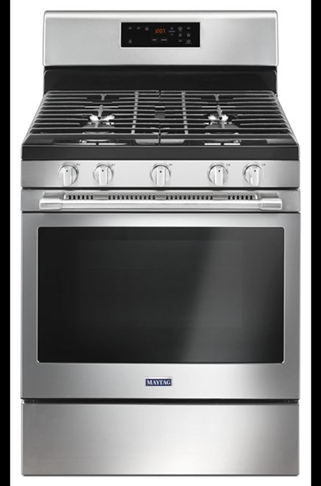 Maytag MGR6600FZ gas range with 5 burners and full cast iron grates. This oven is 5 cubic foot and h(..)