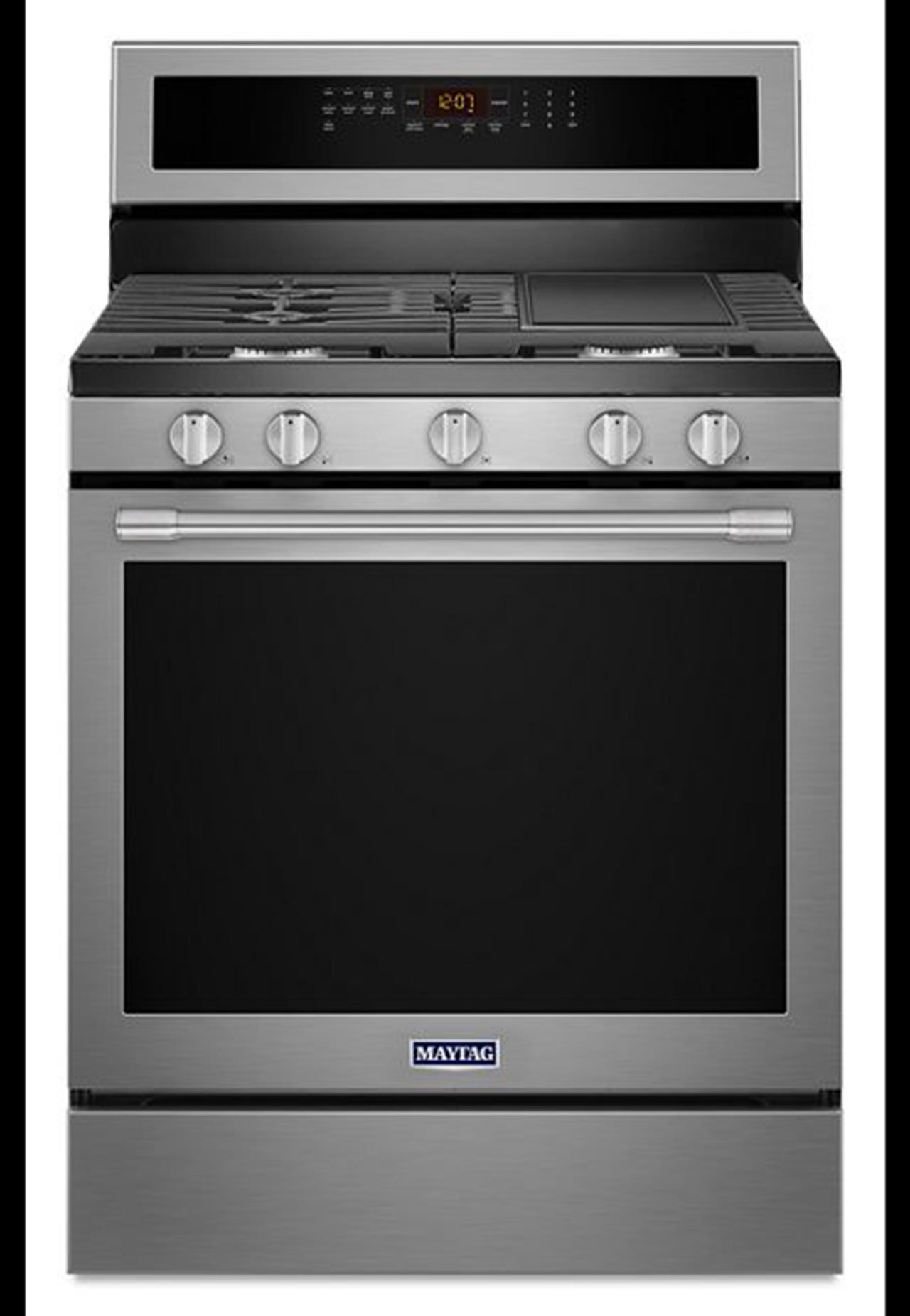 Maytag MGR8800FZ gas range with a 5.8 cubic foot oven capacity and convection oven cooking. 5 burner(..)
