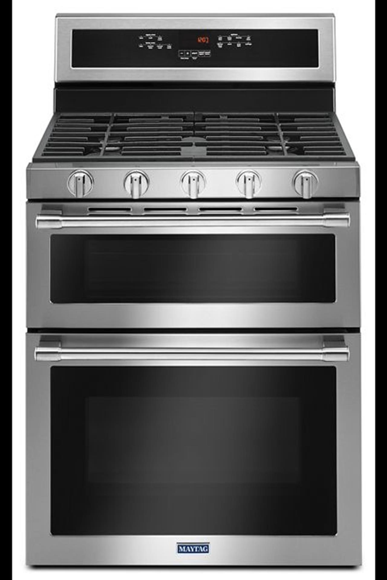 Maytag MGT8800FZ double oven range with convection cooking in the lower oven. 5 burners with solid f(..)